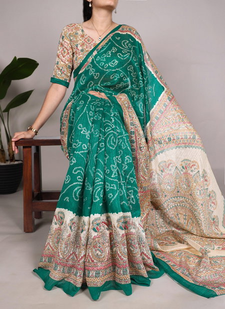 Ynf7209 Green Silk Fusion Print And Bandhej Sarees Bulk Orders In India